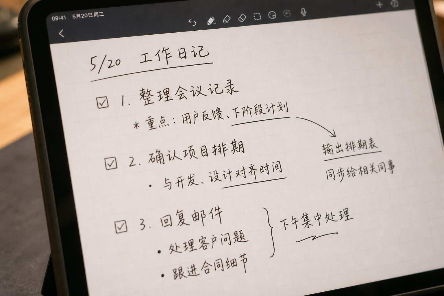 Goodnotes 手写示例：编号事项加箭头注释，Agent 按编号逐条识别