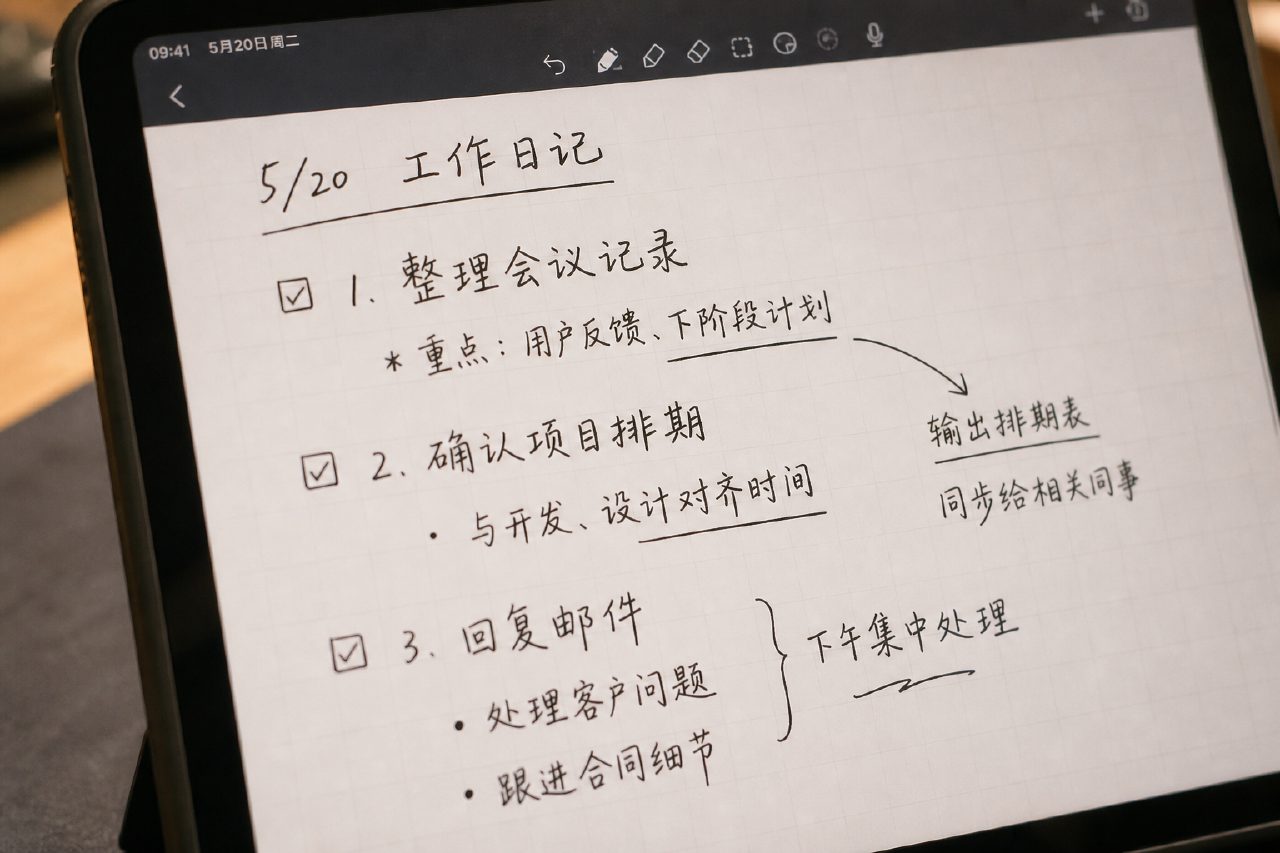 Goodnotes 手写示例：编号事项加箭头注释，Agent 按编号逐条识别